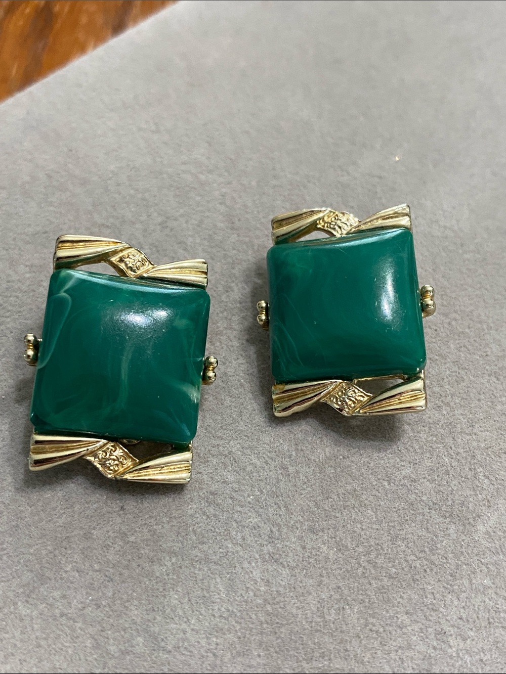 Coro Gold-Tone Emerald Green Square Clip Earrings